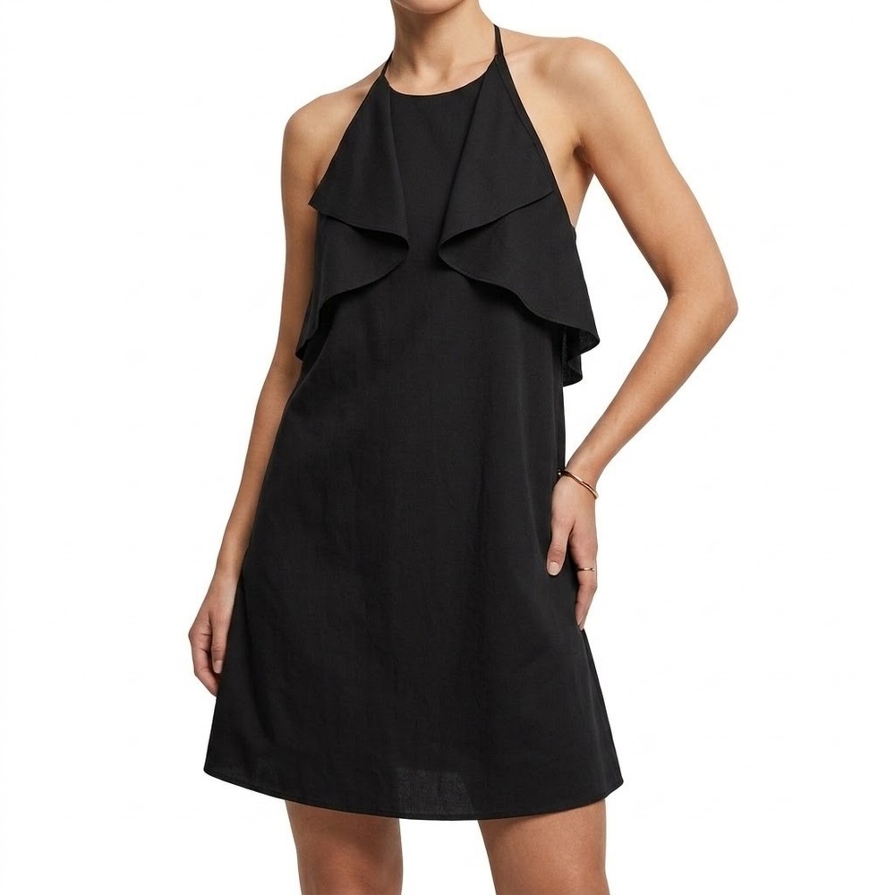 Theory Cami Dress Women Size 6 Black Halter Neck Ruffle Cold Shoulder Party Wear